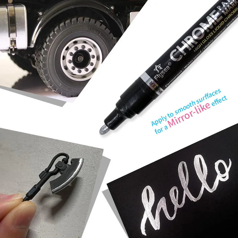 Mirror pen reflective paint marker with chrome-plated finish, 3.0mm writing width, plastic shell and 25g weight