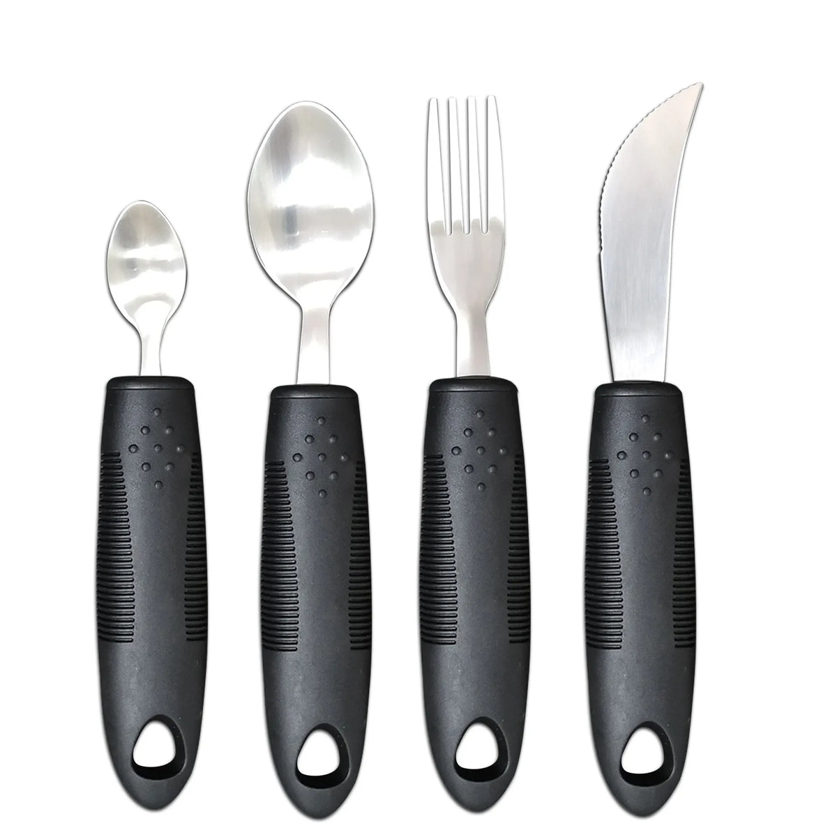 Anti-shake adaptive tableware set with stainless steel utensils and rubber handle grips