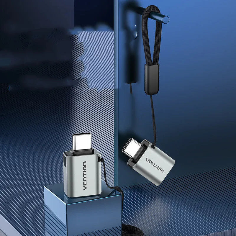 USB 3.0C male to female OTG adapter in grey aluminium alloy with lanyard