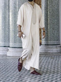 Men's milky white linen blend loose cardigan Muslim robe with short sleeves