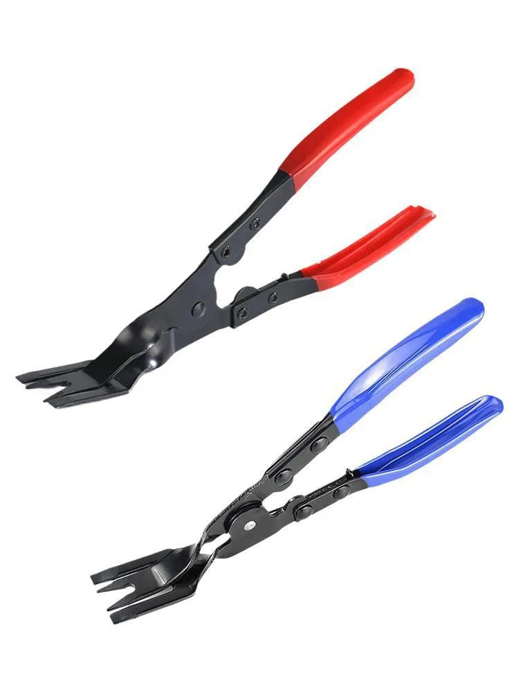 Blue steel automotive clamp removal pliers tool with 235mm length on a workbench.