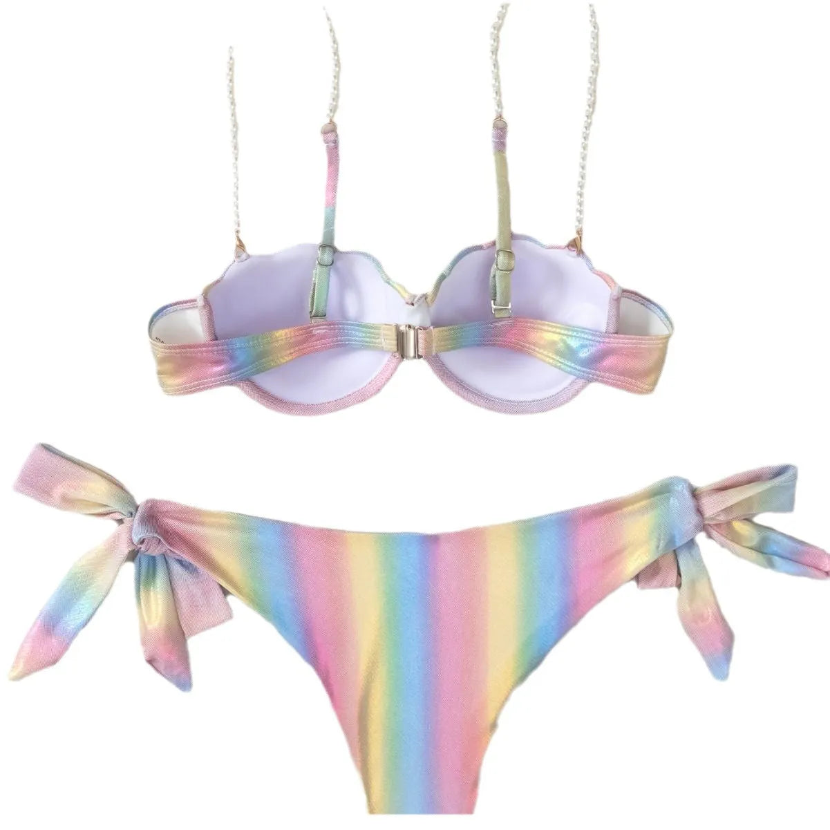 Women's shell rainbow patterned split tied bikini swimsuit with adjustable ties