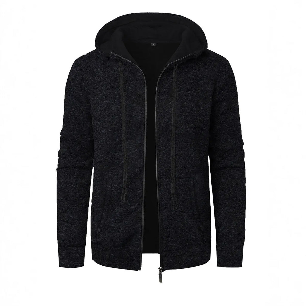 Men's loose fit polyester hooded cardigan coat in solid colour, long sleeves, casual sports style