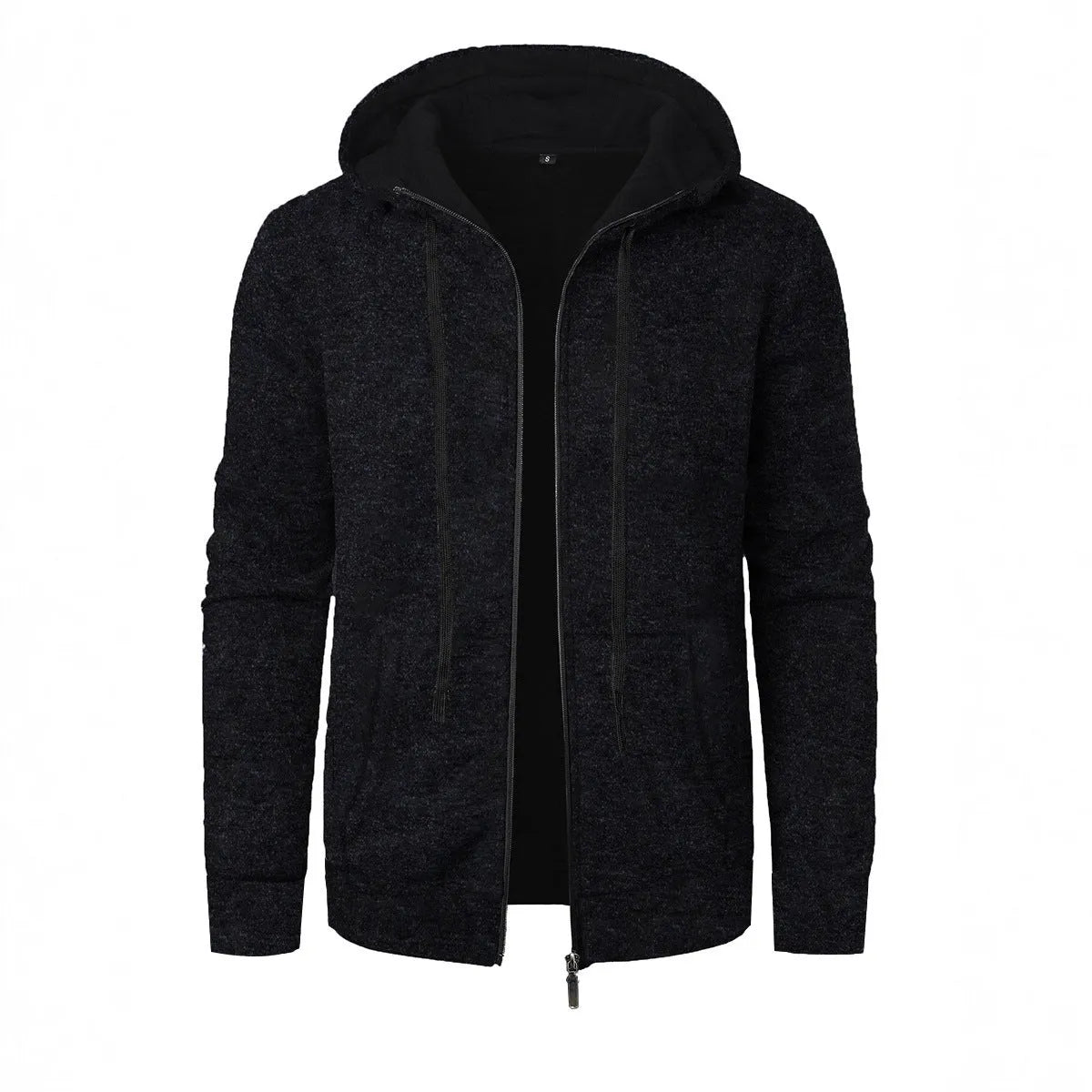 Men's loose fit polyester hooded cardigan coat in solid colour, long sleeves, casual sports style