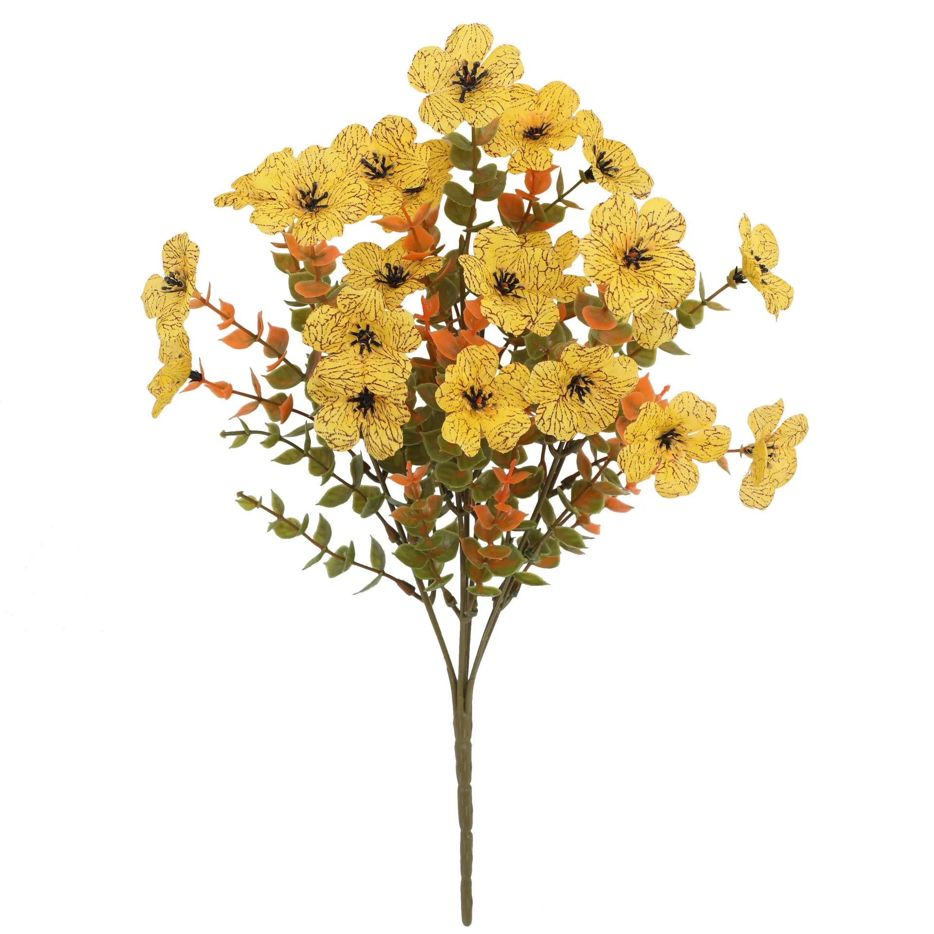 Plastic and silk artificial flower bouquet in autumn red, yellow, orange, and orange-yellow colours for home and event decor.