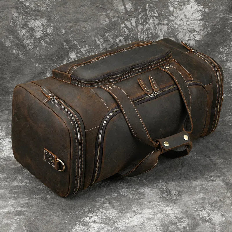 Men's dark brown genuine leather crossbody bag, 22 inches, with stitched seams and adjustable shoulder strap
