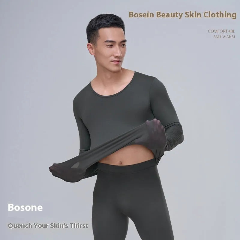 Men's Constant Temperature Heating Warm Bottoming Thermal Suit Nylon Solid Colour Long Johns Trousers Set Black Camel Grey L XL Warm Base Layer