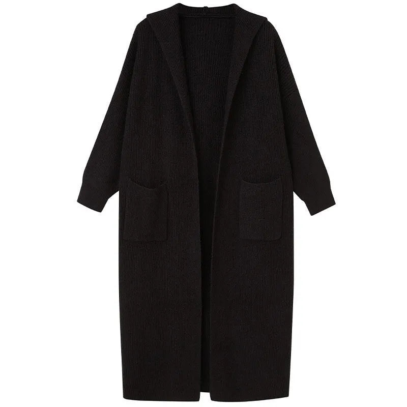 Long grey knitted hooded trench coat cardigan showing cardigan styling and length