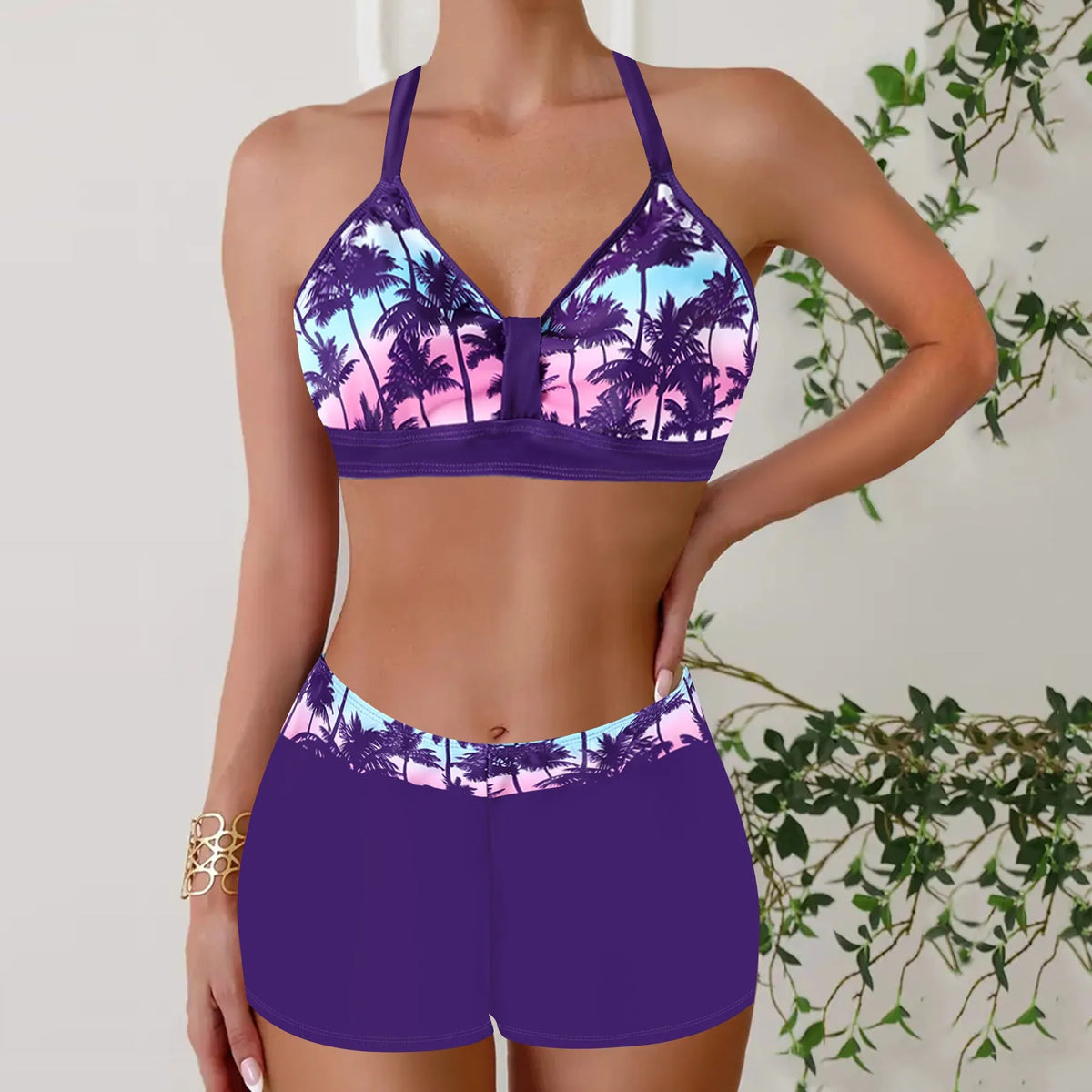 Women's halter bikini set, printed polyester swimsuit with top and shorts, six colours, sizes S to 5XL