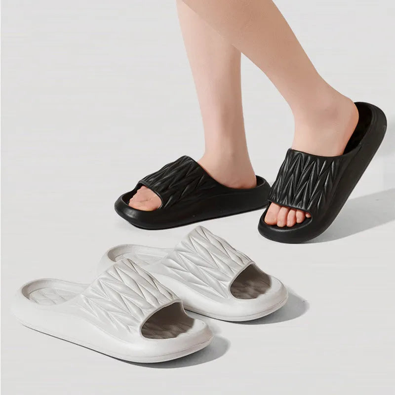 Leaf texture design EVA slippers for indoor summer wear, shown in assorted colours.