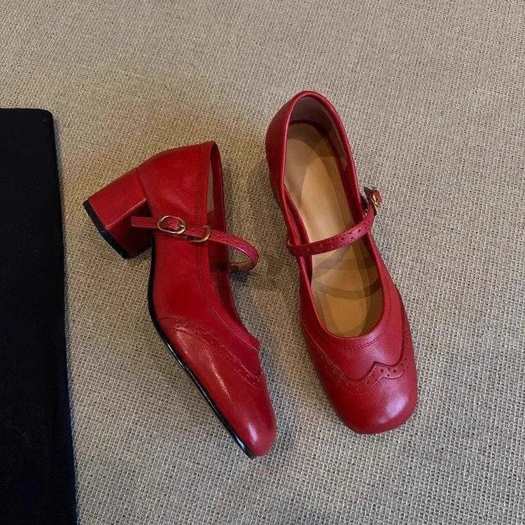Pair of women's square toe high heel pumps with short stout heel, microfiber upper and rubber sole, in black, red or apricot