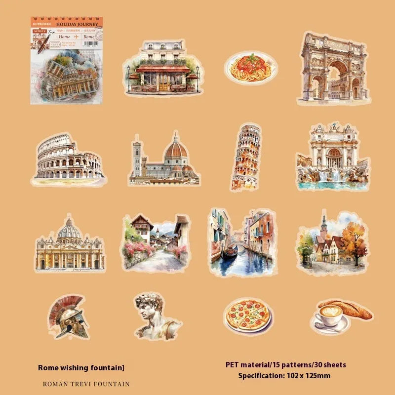 Holiday Journey Series architecture journal stickers with seven landmark designs in retro style