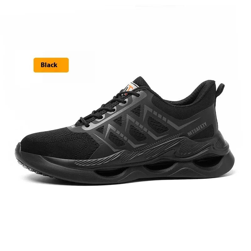 Black low-top safety shoes with a flat knitted upper, steel toe cap, and lace-up front.