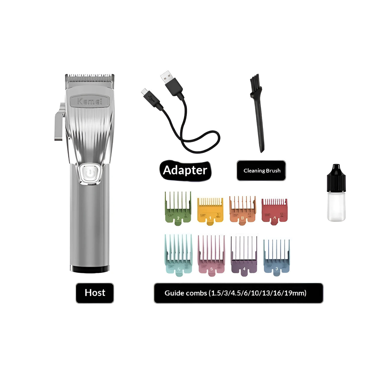 Rechargeable KM-K32 hair clipper for oil head carving with washable blades, 8 limiting combs and USB cable