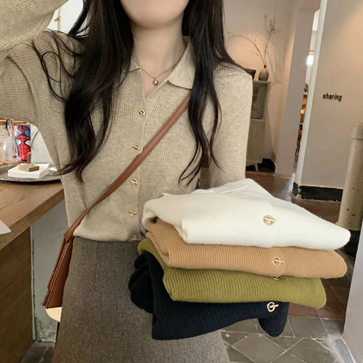Beige viscose knitted cardigan top with long sleeves and loose fit free size design