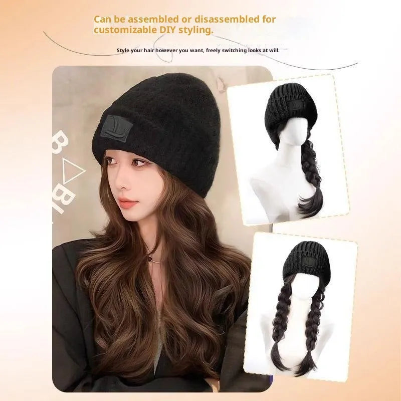 Hat wig for big head sizes with big wave protein filament style in cold brown colour