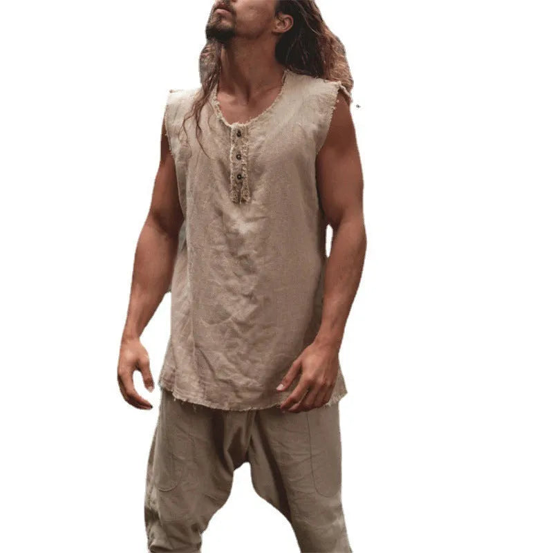 Men's solid colour linen vest with loose fit, round hem, and printed detailing in a casual style