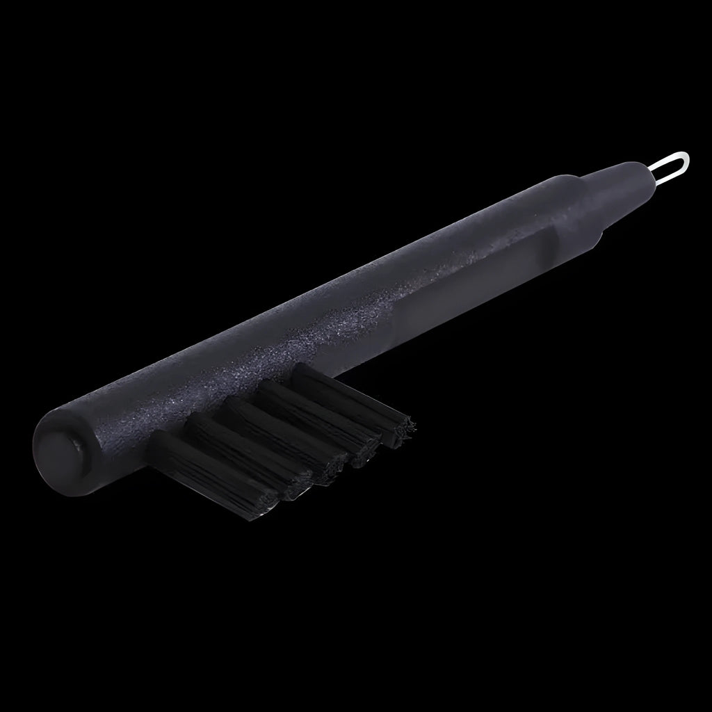Black hearing aid cleaning brush with magnet, U-shaped hook and five sets of brushes on an ABS handle