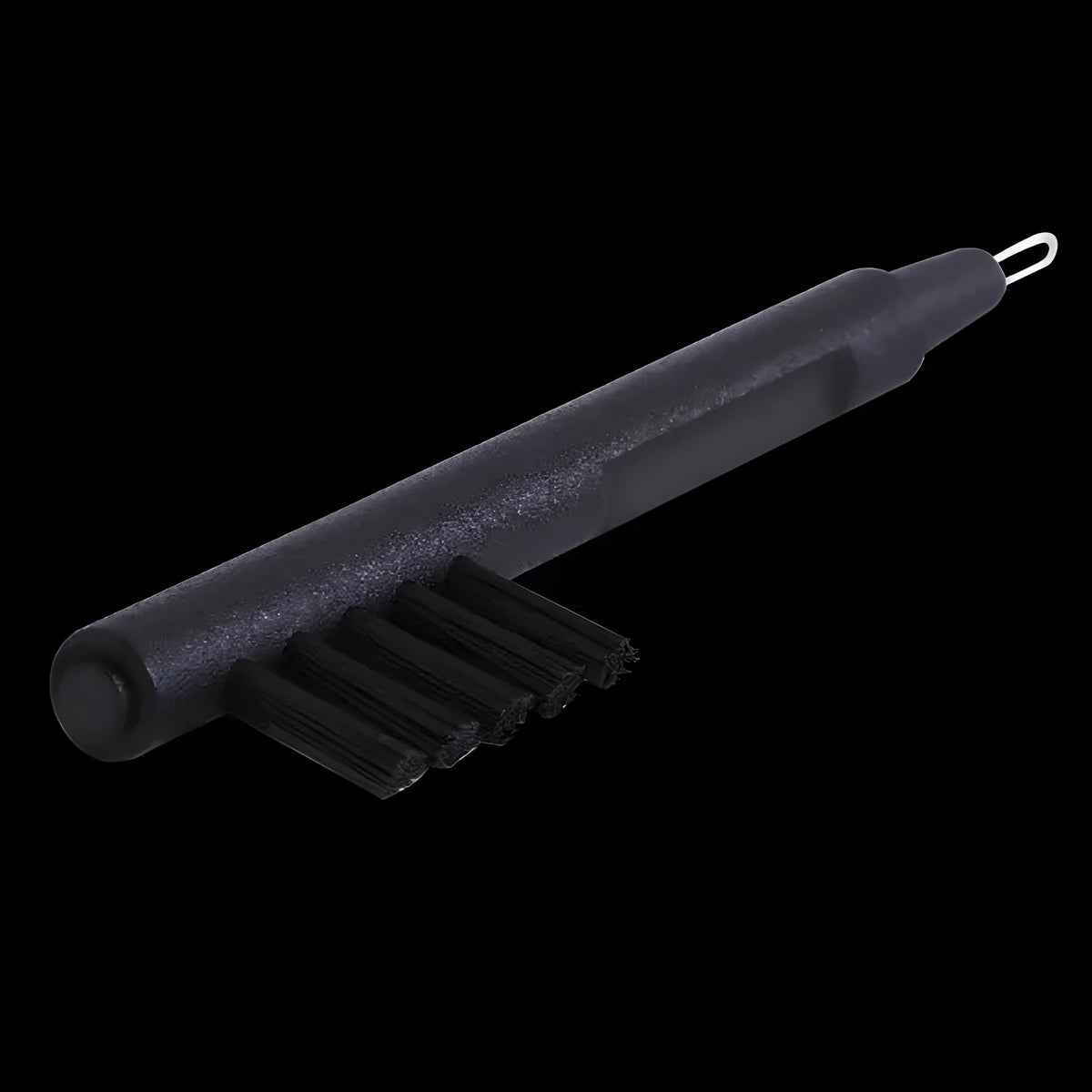 Black hearing aid cleaning brush with magnet, U-shaped hook and five sets of brushes on an ABS handle