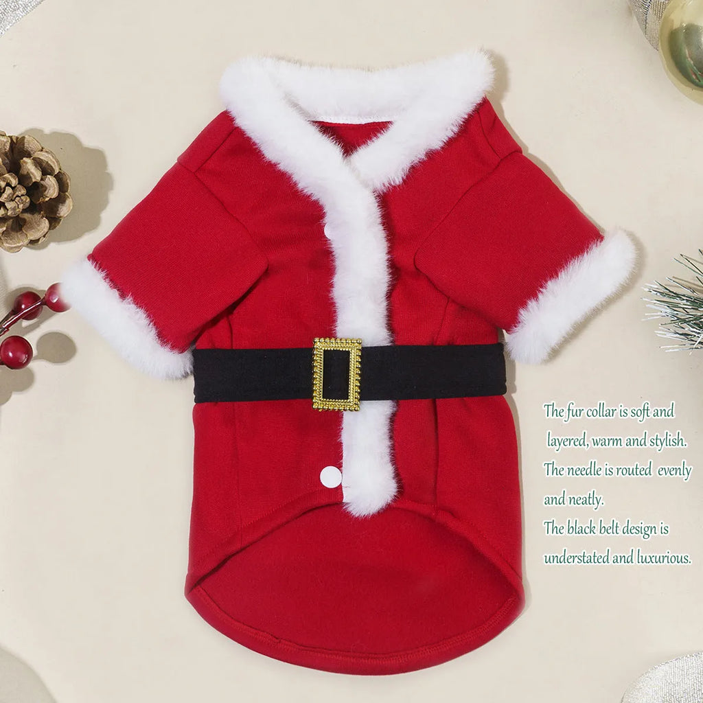 Red polyester Christmas pet clothing for cats and dogs on a plain background
