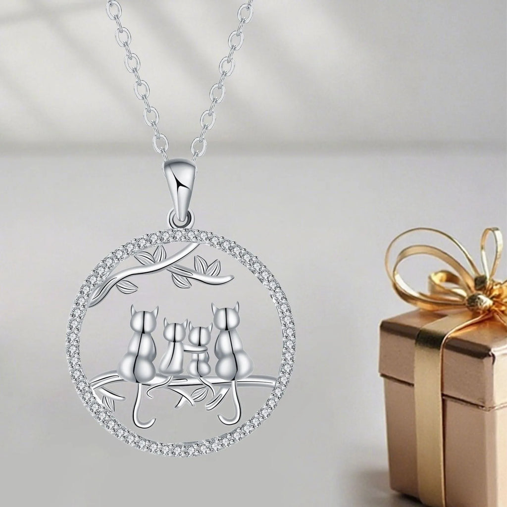 Copper cat pendant necklace with four kitten design and cross chain