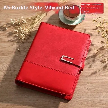 A5 soft leather business notebook in brown, black, green, blue, and red colour options.
