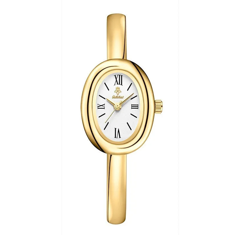 Women's oval retro quartz watch with 8mm case thickness in gold colour variant