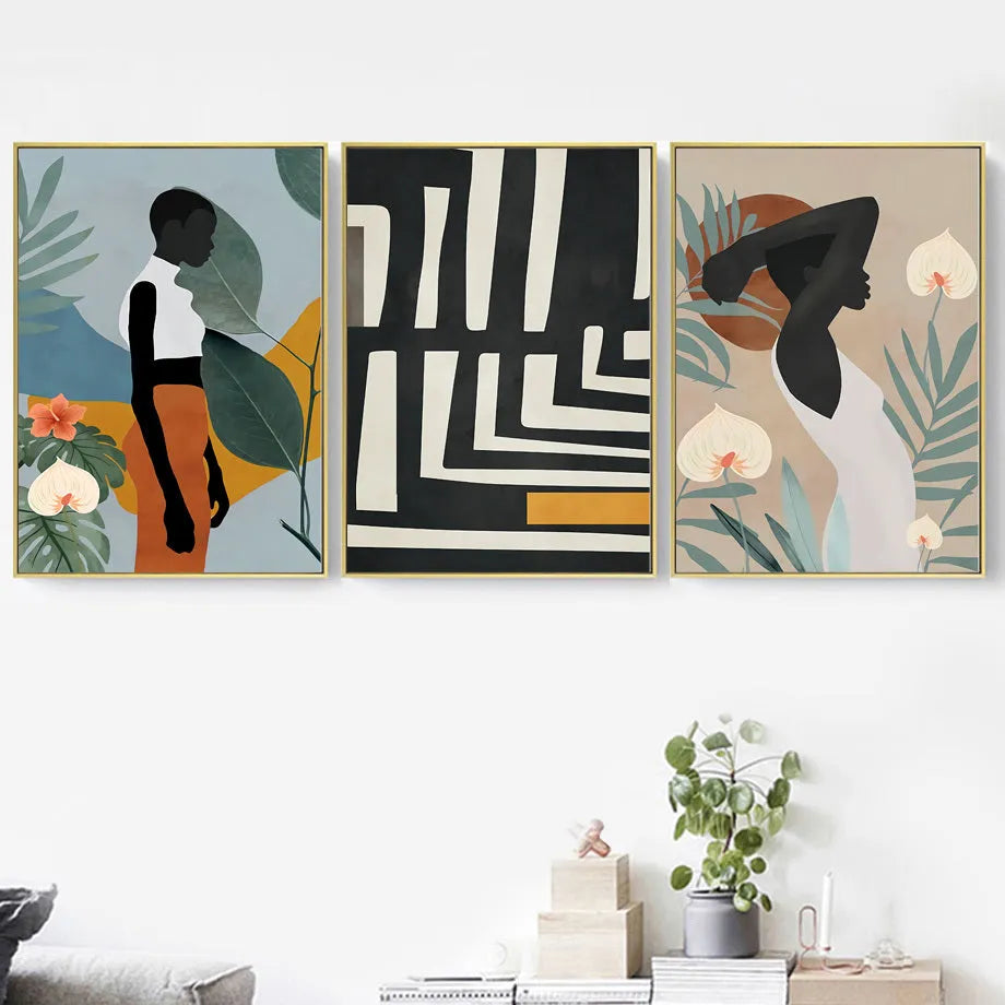 Abstract African women flower leaf mural canvas painting, frameless rectangular oil on canvas wall art