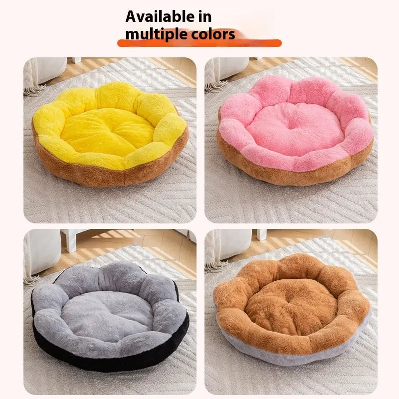A round rabbit plush cat bed with a thick rim, shown in a brown grey colour.