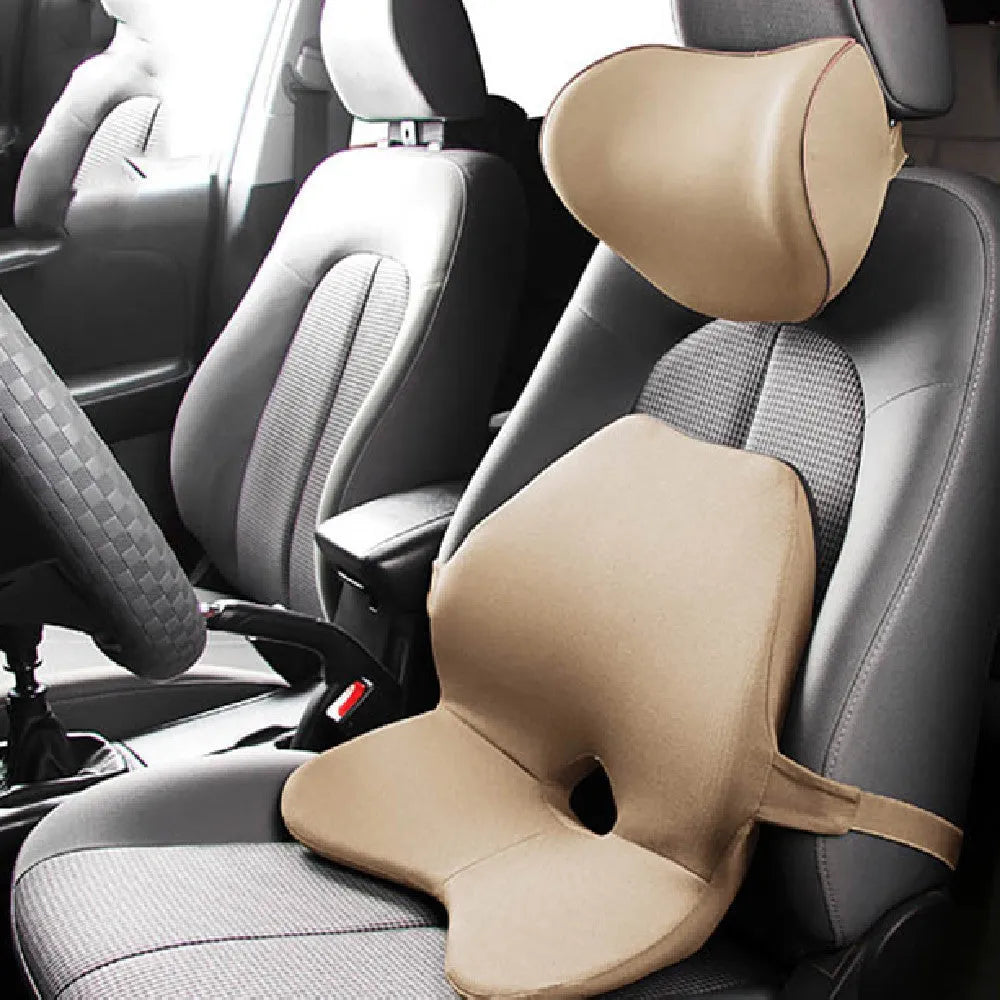 Car seat waist cushion with memory foam padding in beige colour, shown alongside a black version with headrest