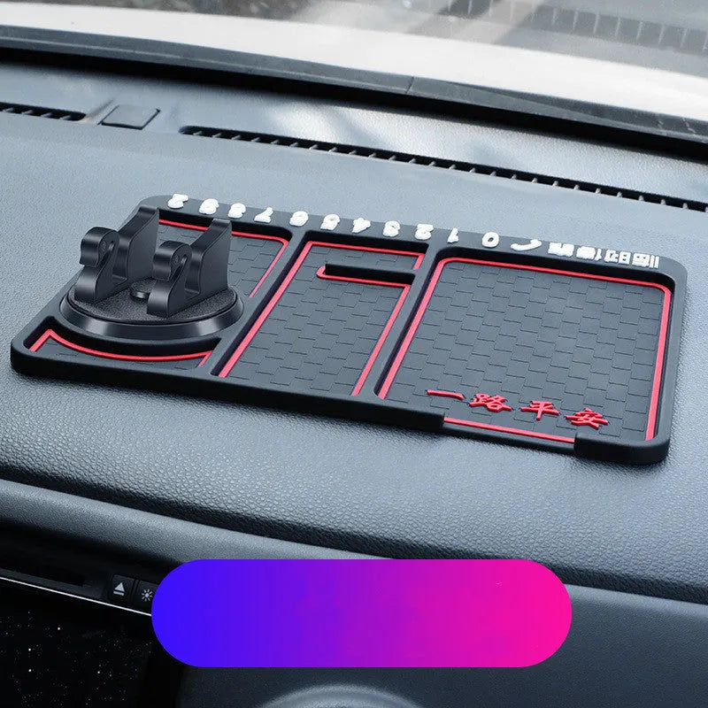 Black non-slip car phone pad with red edge on dashboard, 4-in-1 design with 360 degree rotation, PVC material