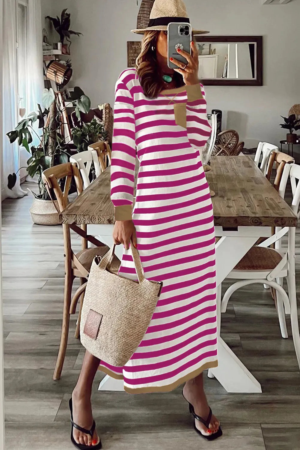 Striped printed long sleeve dress with contrast edge, shown in Rose Stripe and Sky Blue Stripe, sizes S to XL