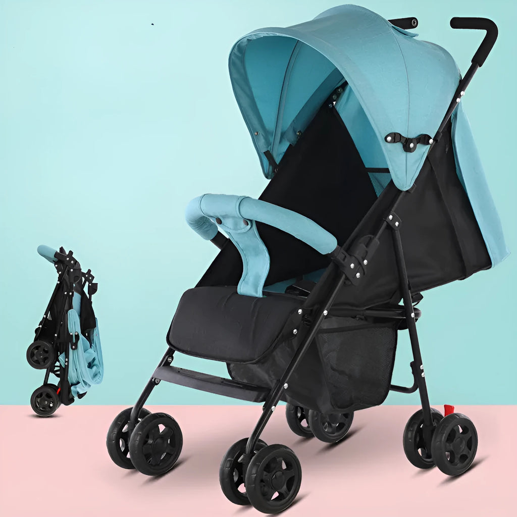 Lightweight wide and long baby stroller with sunshade in noble purple, sky blue, Chinese red or fashion grey.