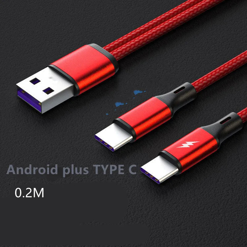 Black and red braided nylon charging cable with two Android-style connectors for simultaneous device charging.