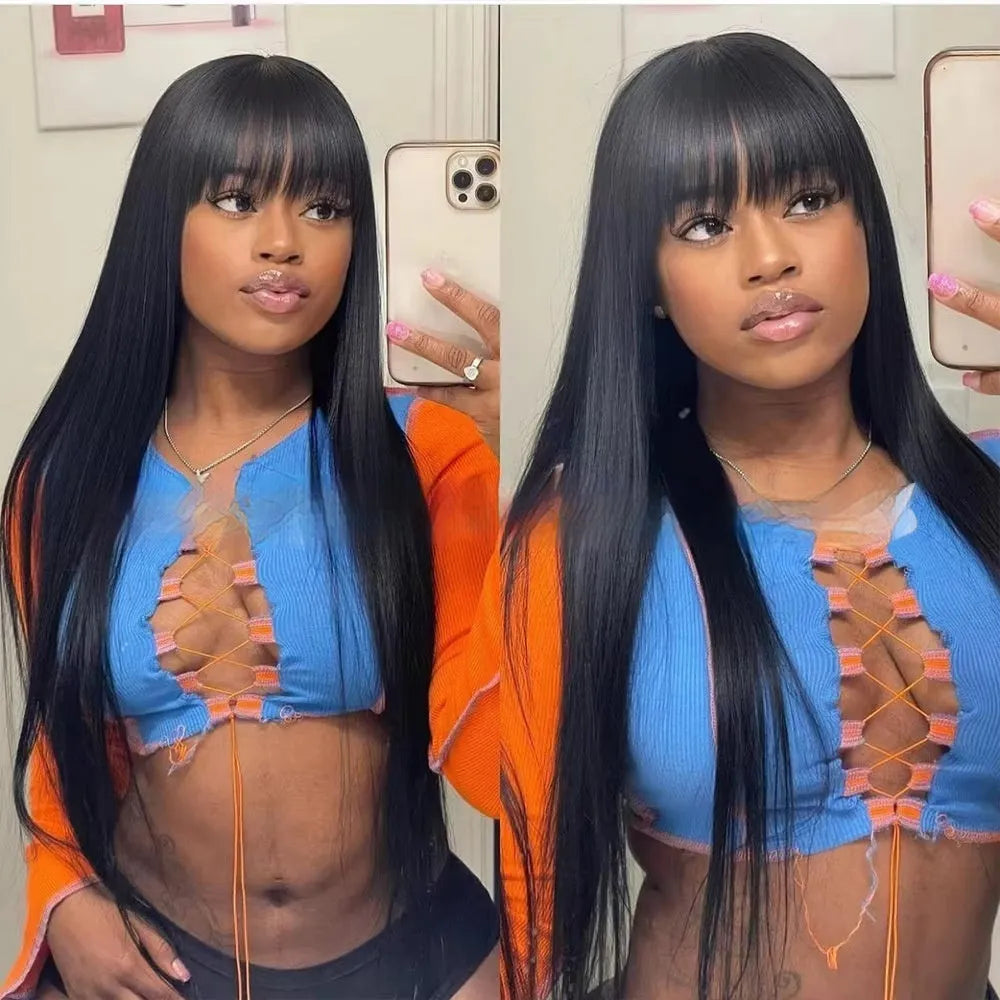 Natural colour human hair straight fringe wig on full mechanism headgear