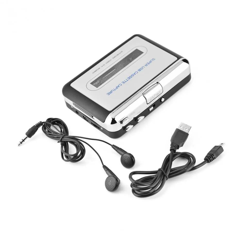 Silver USB cassette to MP3 converter unit with USB cable for converting tapes to digital audio files