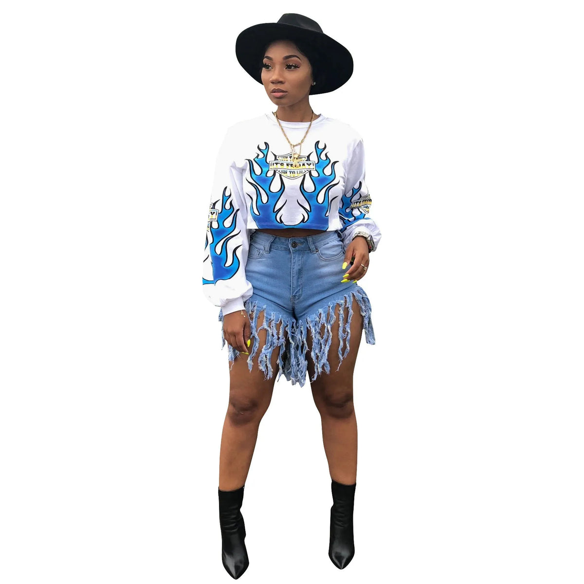 Women's white flame positioning printed long-sleeved polyester pullover sweater with loose fit