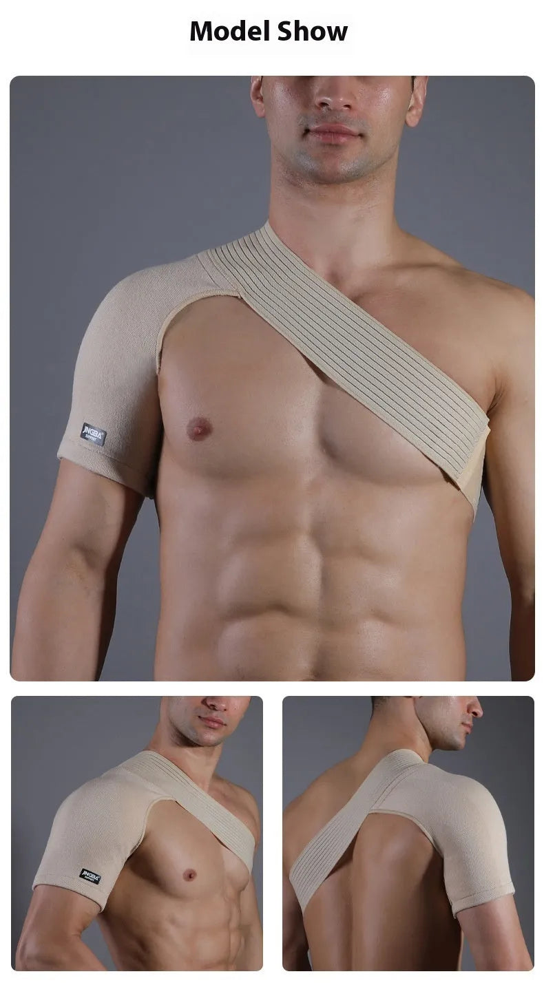 Adjustable one-shoulder sports support strap in skin colour, breathable protective gear for basketball, weightlifting, and running.