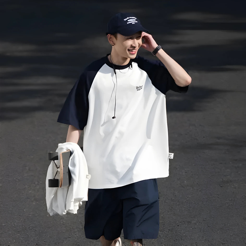 Men's casual blue raglan sleeve t-shirt with Japanese junior style pattern design loose fit