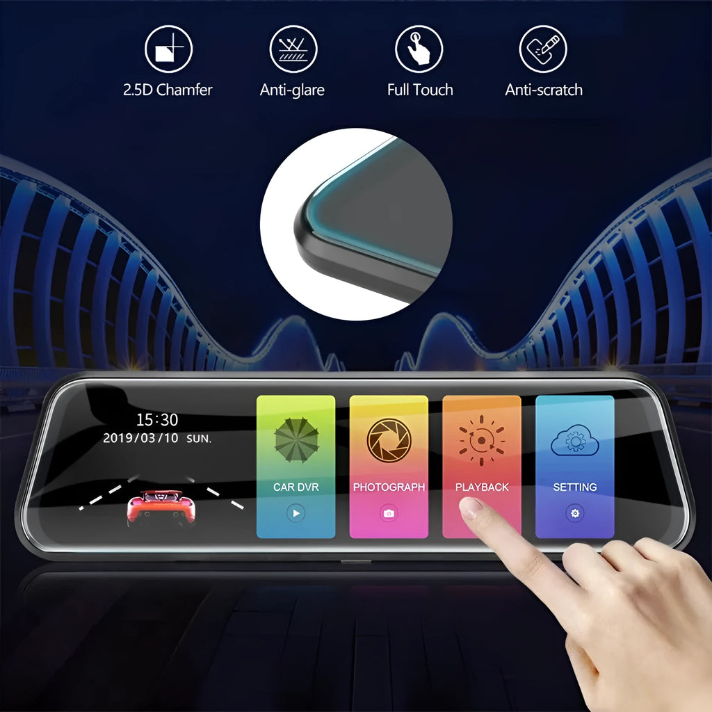 HD 1080p dual lens rearview mirror recorder with 9.66 inch touch screen for front and back video