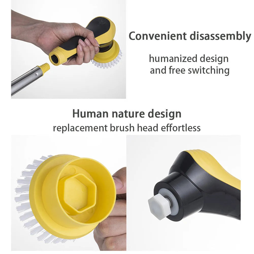 Yellow electric cleaning brush with adjustable handle and USB charging cable on bathroom floor