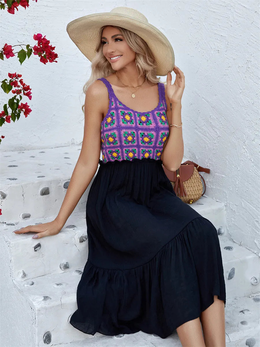 Purple sleeveless dress with hand-stitched floral pattern and matching acrylic skirt