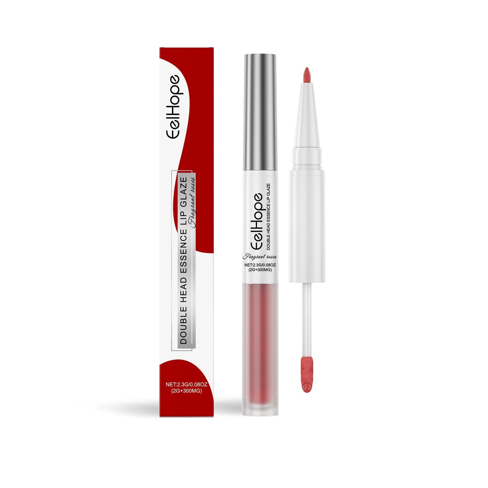 Double-headed lip liner and lip lacquer pen in black coffee, fragrant, and oat almond colours