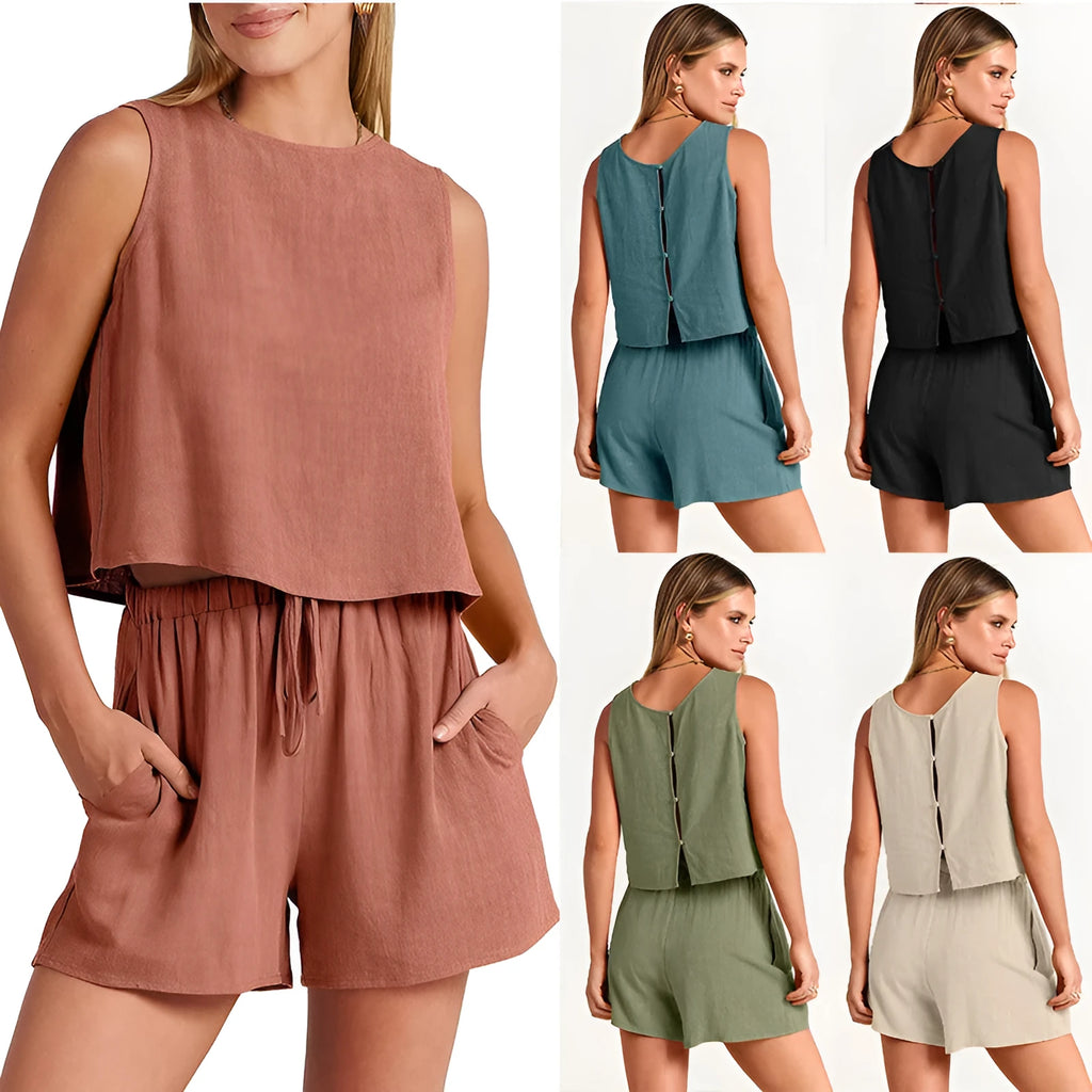 Women's rayon linen summer 2-piece set showing sleeveless top and drawstring shorts