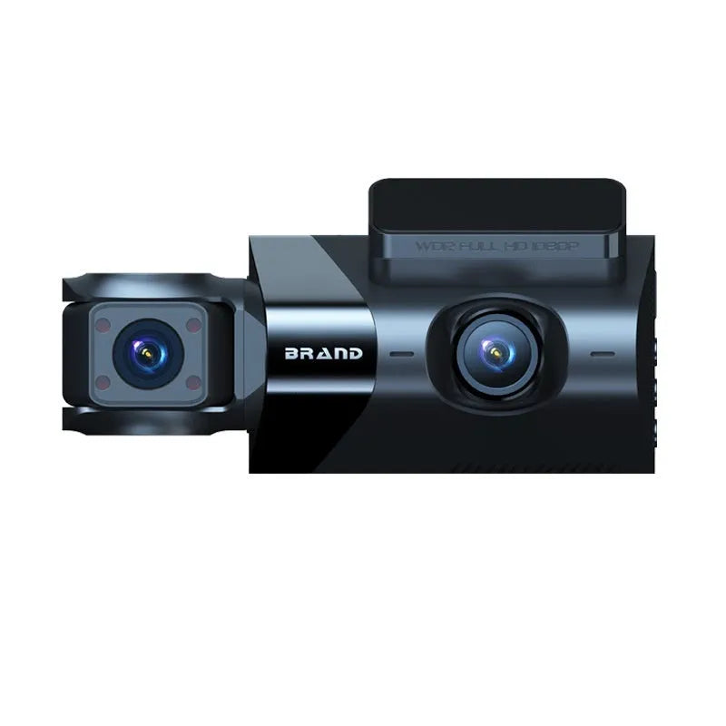 Black car dash cam with 5 inch screen mounted on a bracket, showing front and rear camera lenses.