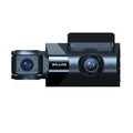Black car dash cam with 5 inch screen mounted on a bracket, showing front and rear camera lenses.