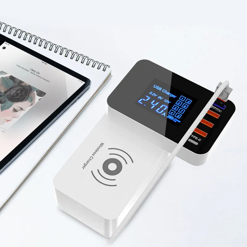 White multi-port USB fast charger with wireless charging surface and 1.5 metre cable
