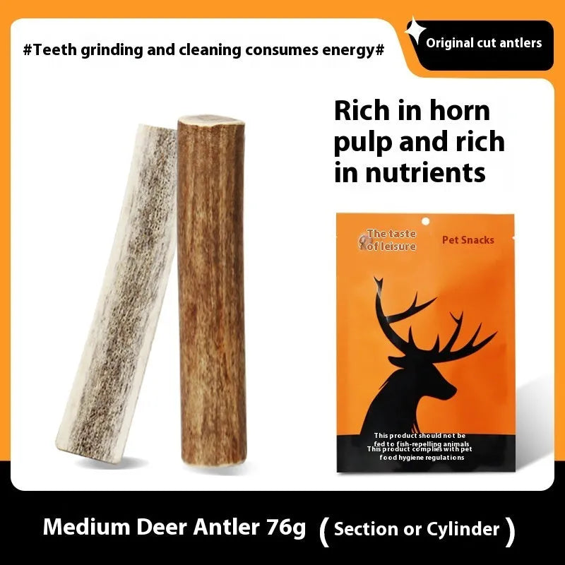 Natural antler dog chew in three sizes – small 36g, medium 76g, large 126g for bite resistant teeth cleaning