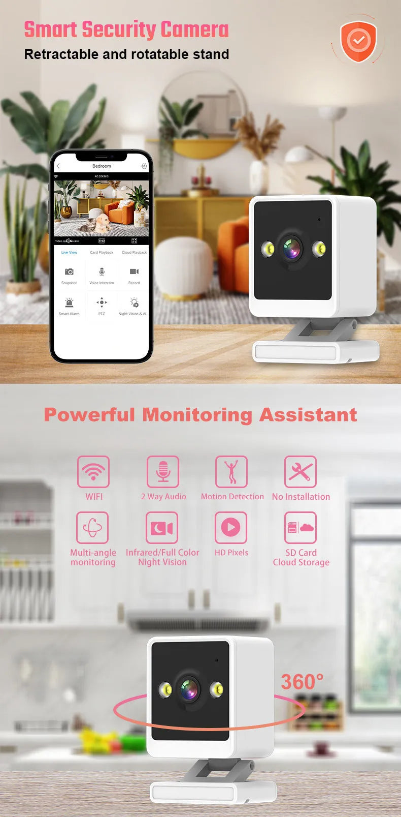 Wireless wifi surveillance camera with night vision and 720p resolution for indoor outdoor use