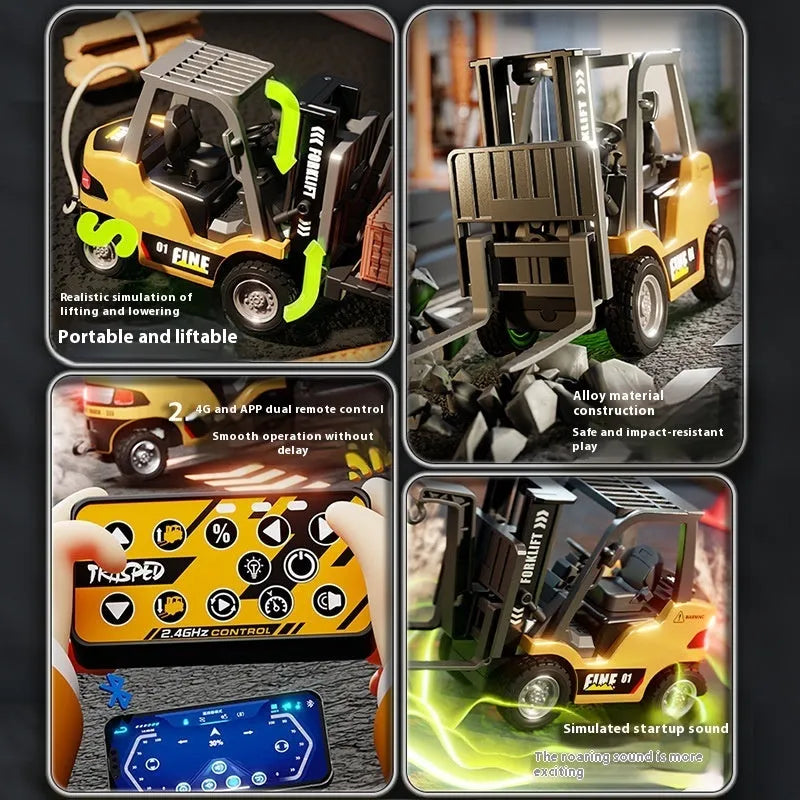 1:64 scale die-cast alloy Bluetooth remote-control forklift model with accessories on a table